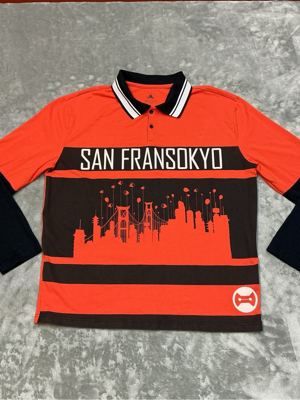 Disney shirt Big Hero 6 San Fransokyo orange black long sleeve polo unisex  med.